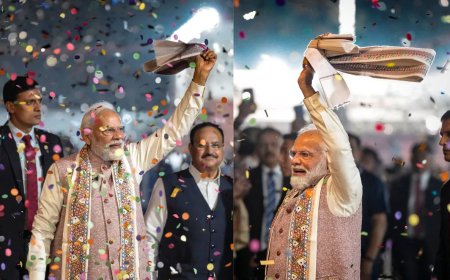 NDA की 202 सीटों के साथ ऐतिहासिक वापसी, BJP मुख्यालय पर मोदी का गमछा अभिवादन