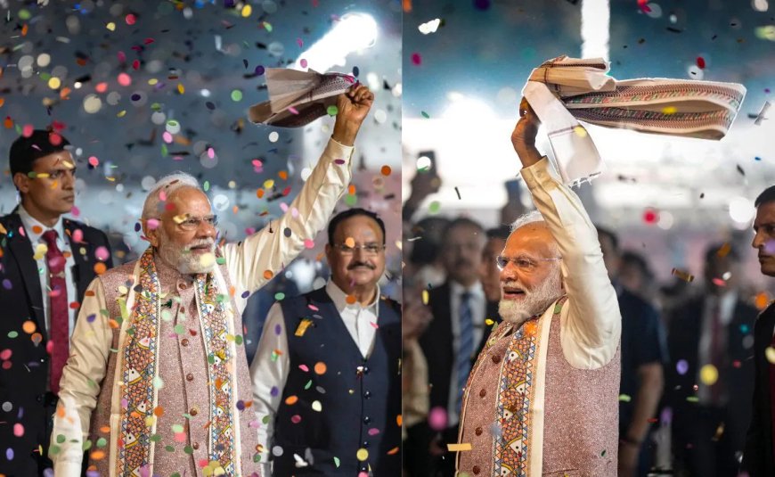 NDA की 202 सीटों के साथ ऐतिहासिक वापसी, BJP मुख्यालय पर मोदी का गमछा अभिवादन